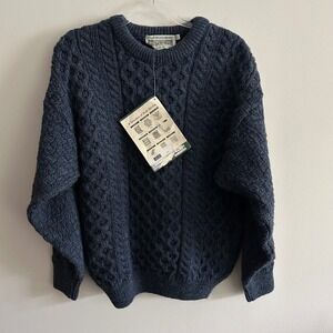 NWT Aran Sweater Market Heavy Weight Fisherman Sweater Blue Small Wool Cable